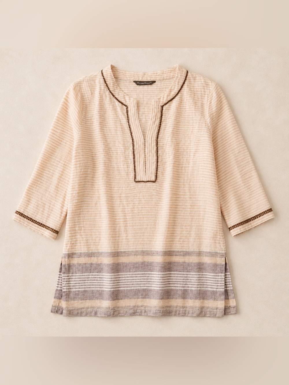 Tommy Bahama 100% Linen Tunic Top Beige Stripe Embroidered Trim Boho Size M